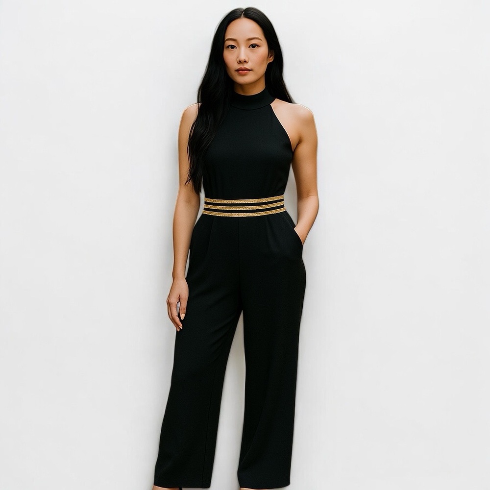 TEEZE ME Black with Gold Sheer Mid Halter Jumpsuit